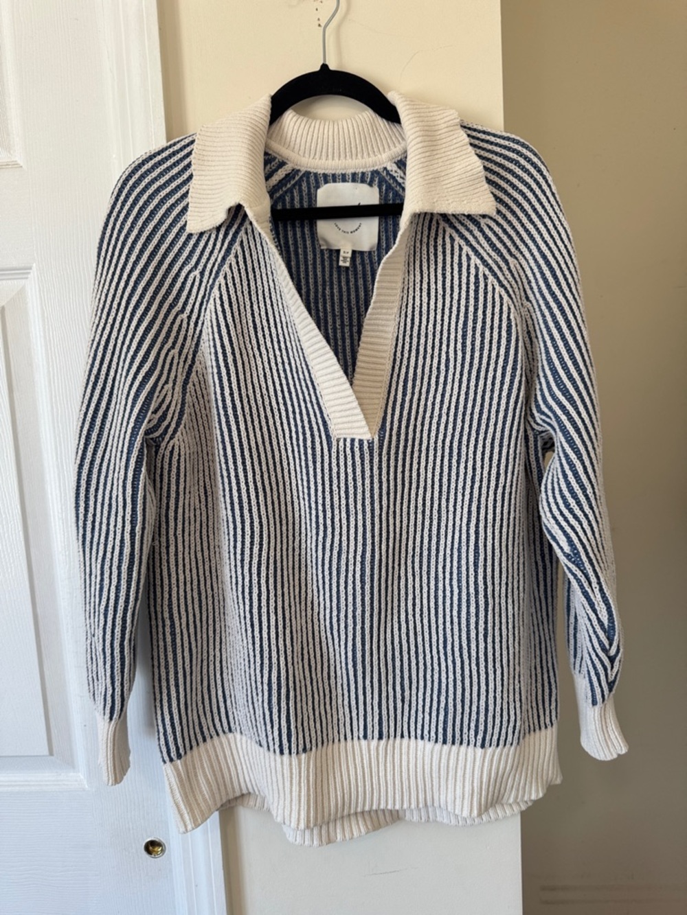 Aerie Striped Navy and Cream Collared Knit Sweater